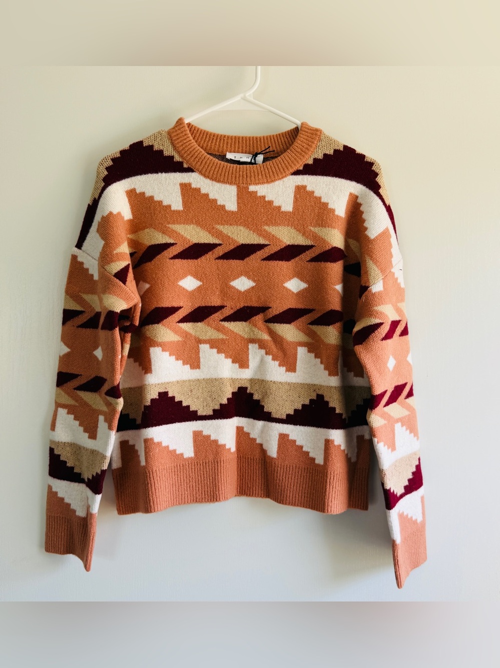 Mazik Aztec Crewneck Sweater in Rust, Cream & Burgundy Boho Western Country
